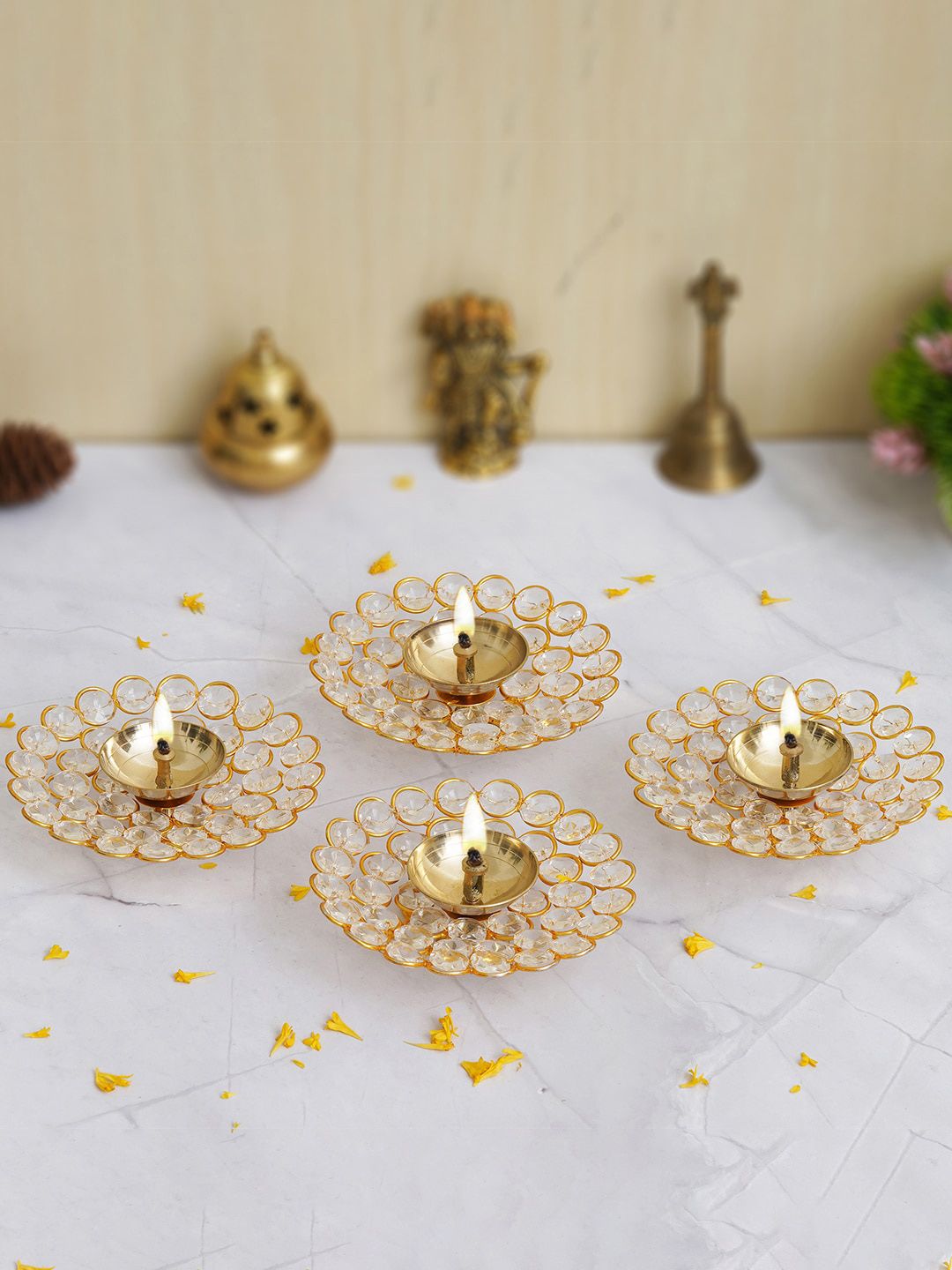 eCraftIndia Gold Toned 4 Pieces Bowl Shape Crystal Brass Diyas-picture-17