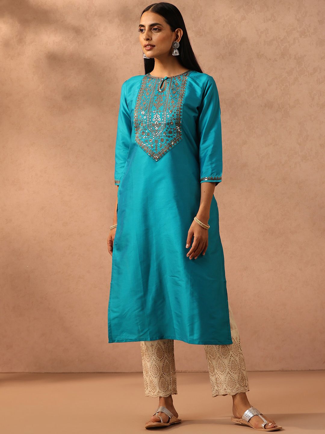 Libas Blue Sequin Embroidered Yoke Design Keyhole Neck Silk Straight Kurta-picture-16