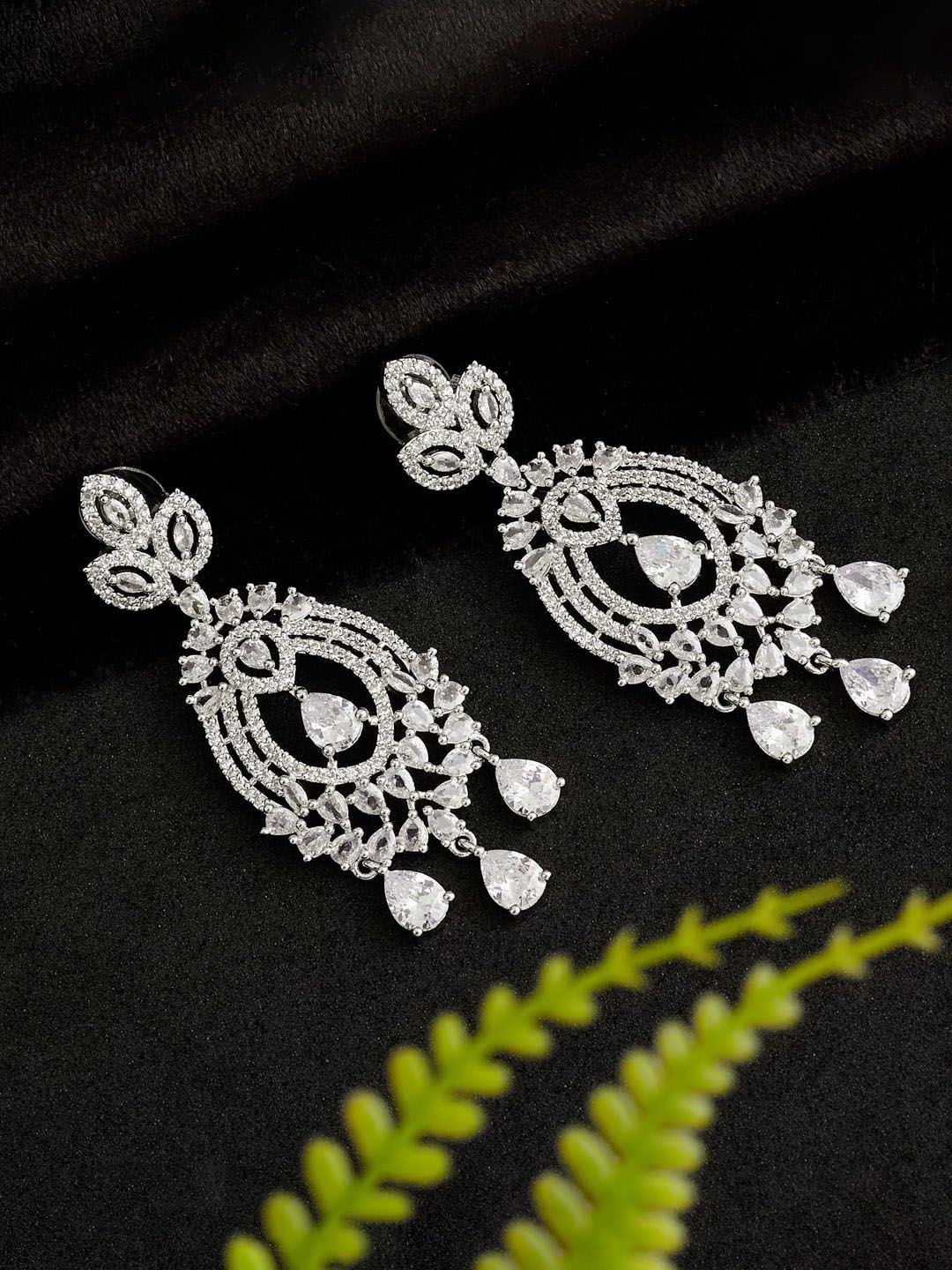 ATIBELLE Silver-Plated Contemporary AD Studded Drop Earrings