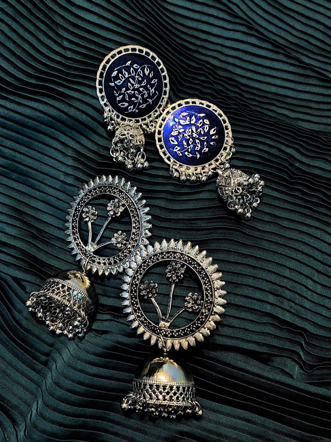 ATIBELLE Set Of 2 Silver-Plated Beaded Contemporary Jhumkas