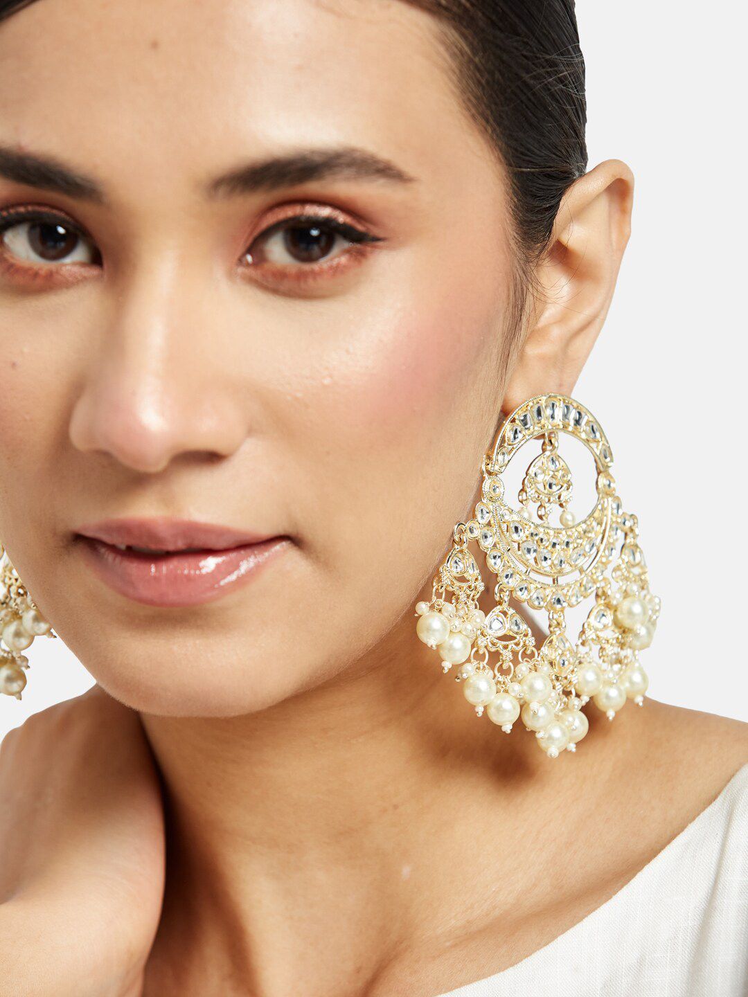 ATIBELLE Gold-Plated Contemporary Kundan-Studded Chandbalis