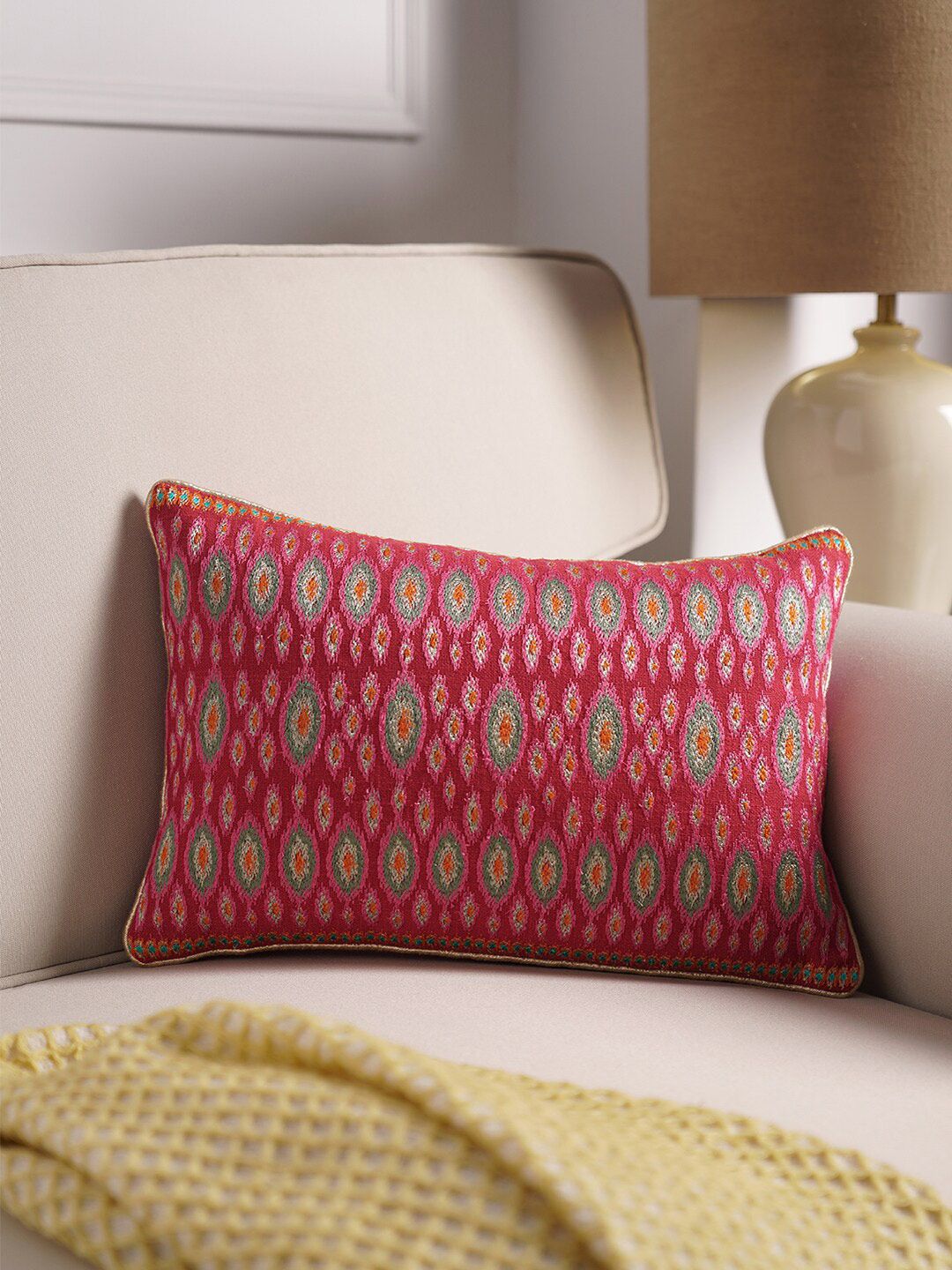 Pure Home and Living Red & Pink Embroidered Cotton Rectangle Cushion Cover-image-30