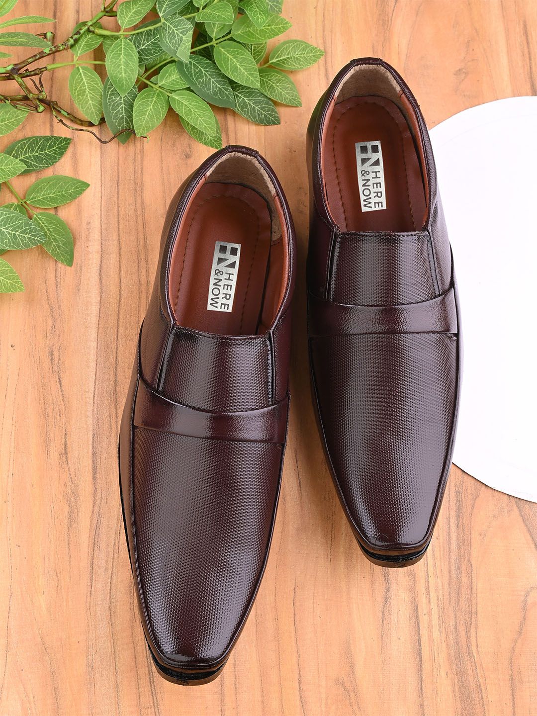 HERE&NOW Men Brown Textured Formal Slip On Shoes-picture-32