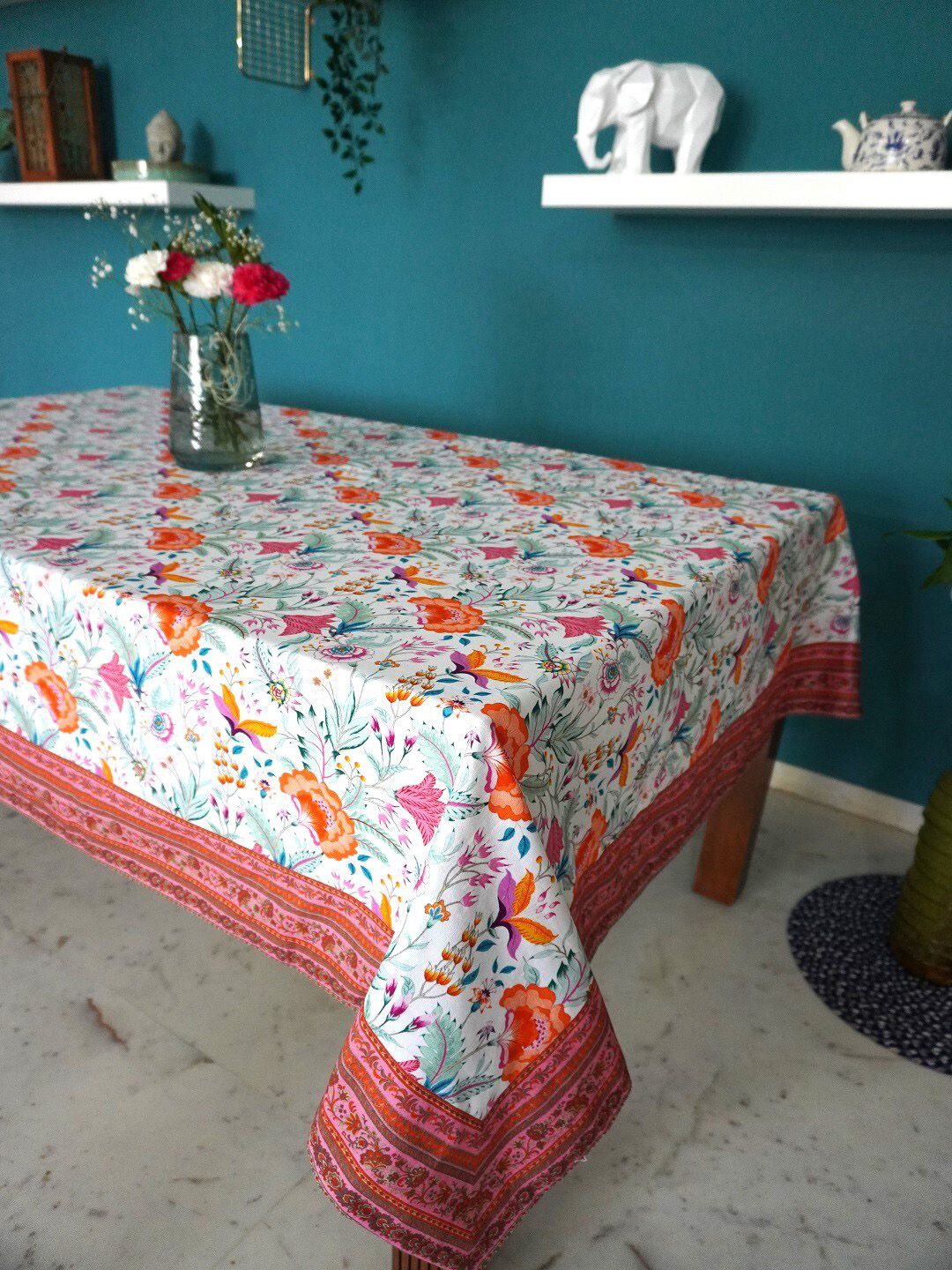 TARA- Sparkling Homes White & Peach-Coloured Printed Pure Cotton 6 Seater Table Cover-image-24