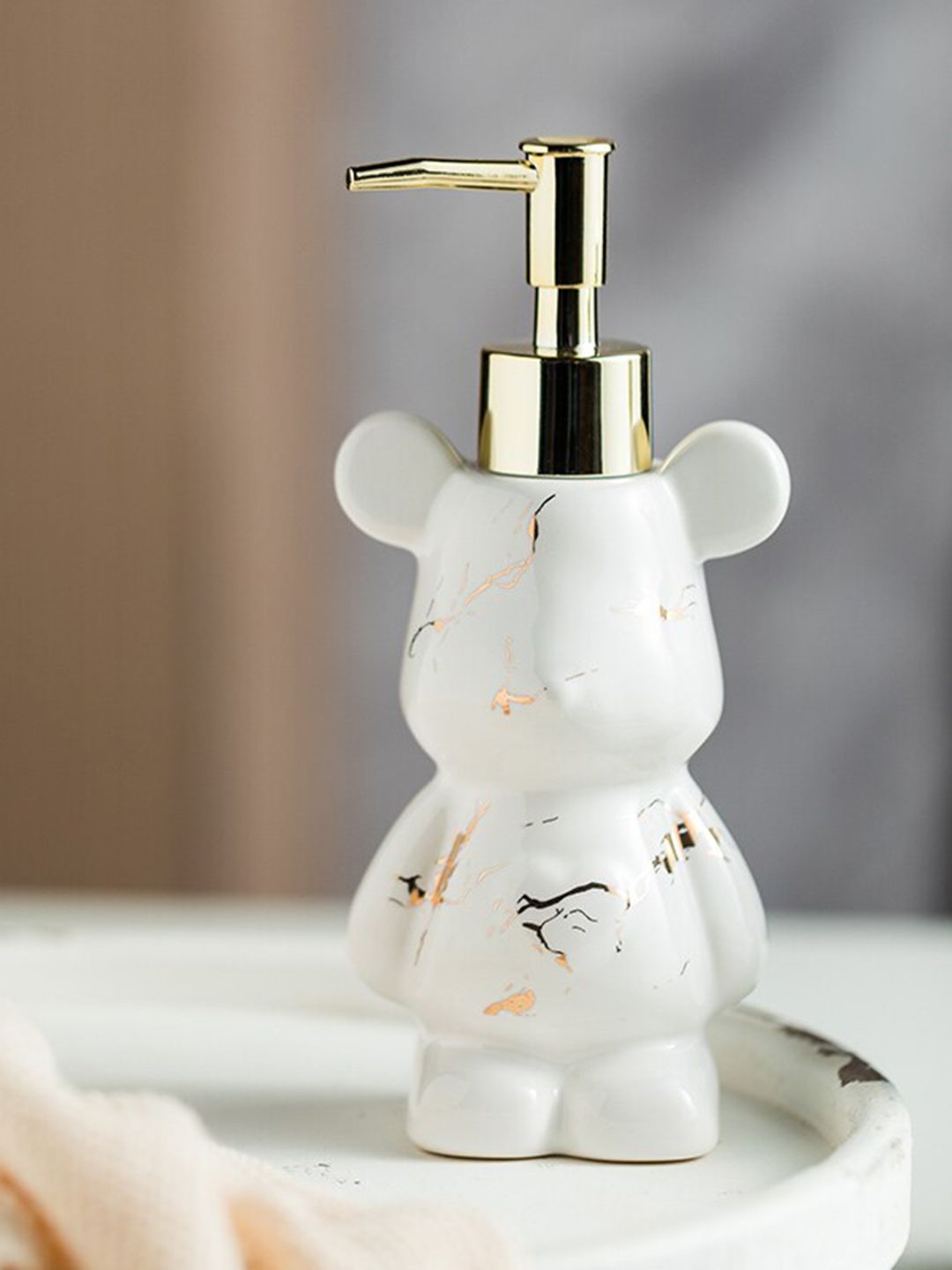 FabSeasons White Printed Teddy Bear-Shaped Ceramic Soap Dispenser-image-28