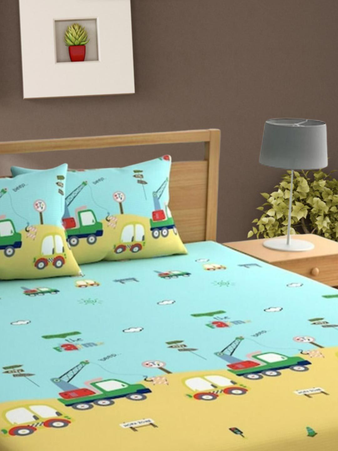 Bajo's Blue & Yellow Printed Fitted Cotton 250 TC King Bedsheet With 2 Pillow Covers-image-34