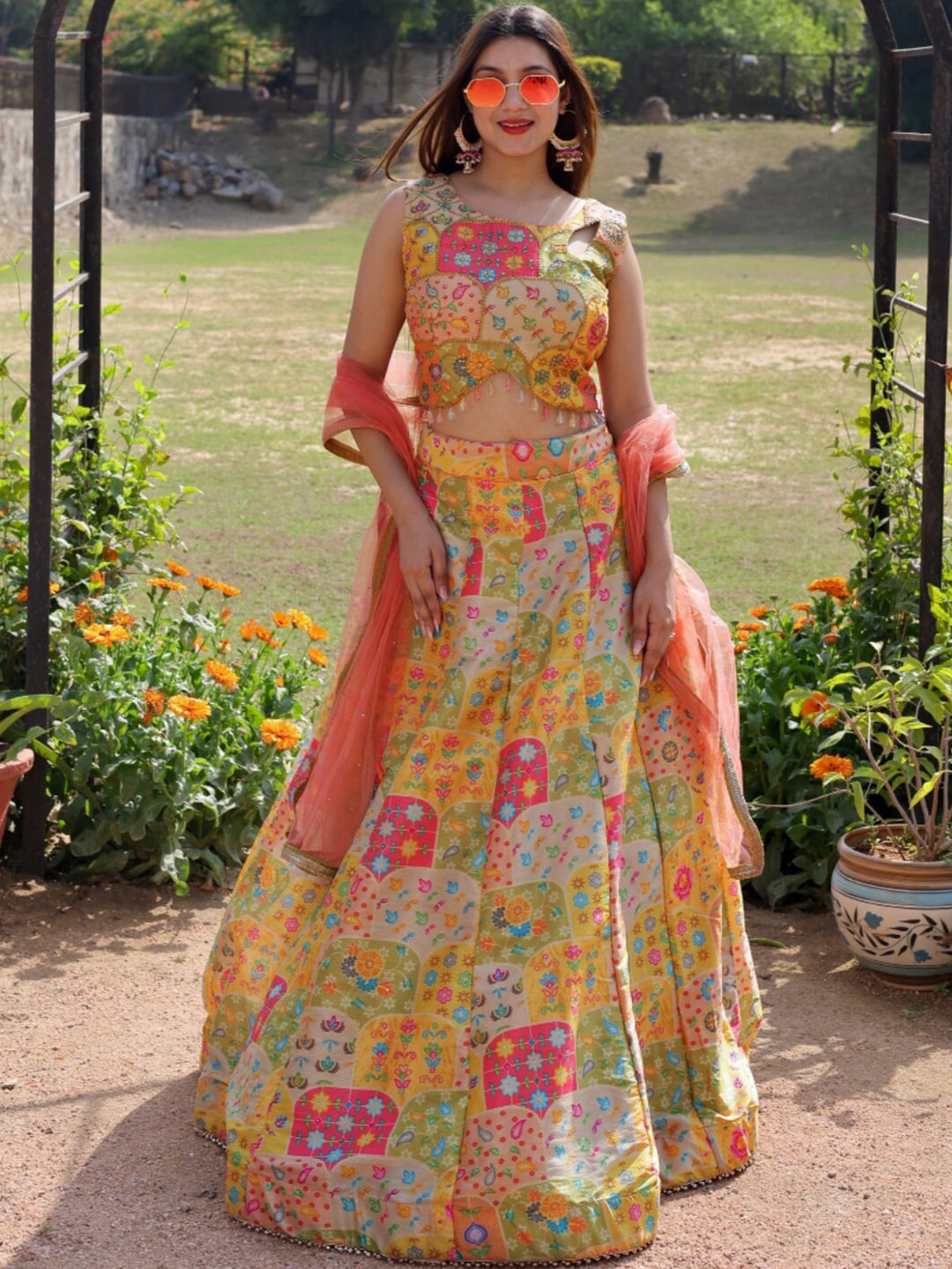 Chhabra 555 Yellow & Pink Floral Printed Embellished Crop Top Lehenga Set With Dupatta