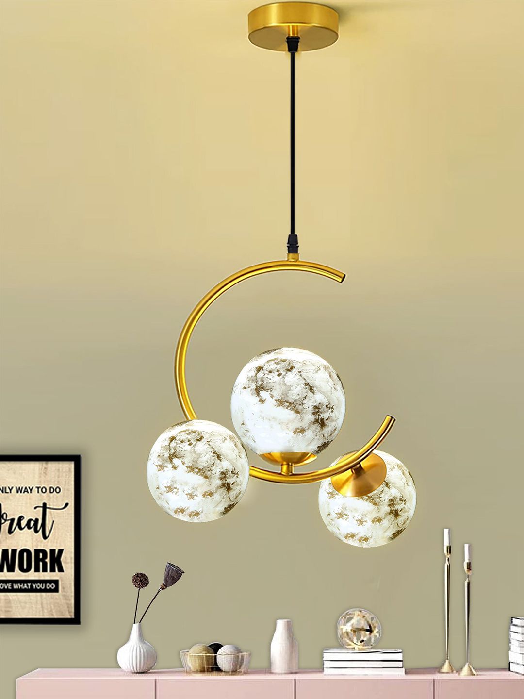Homesake White 3 Globe Marble Printed Frosted Glass Chandelier Hanging Pendant Lamp-picture-39