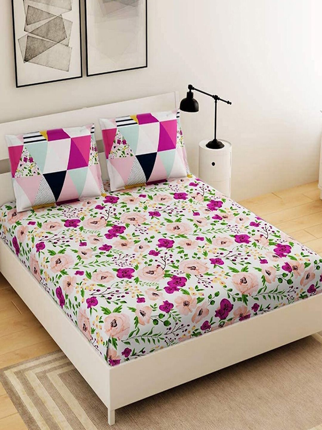 Kuber Industries White & Pink Floral Cotton 144 TC King Bedsheet With 2 Pillow Covers-picture-44