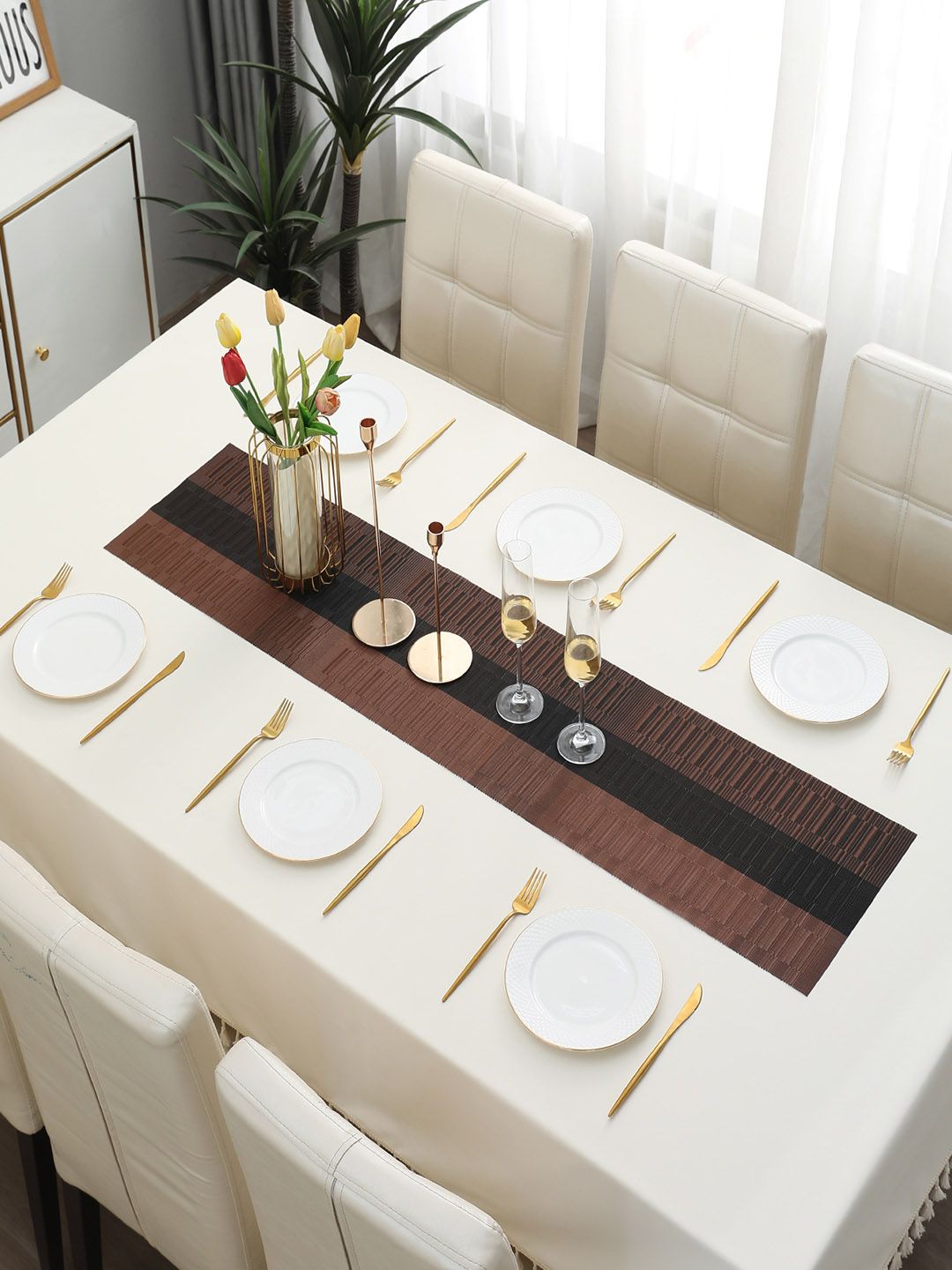 HOKIPO Brown Textured Rectangular Table Runner-image-35