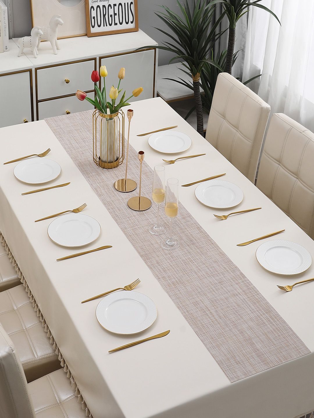 HOKIPO Beige Textured Rectangular Table Runner
