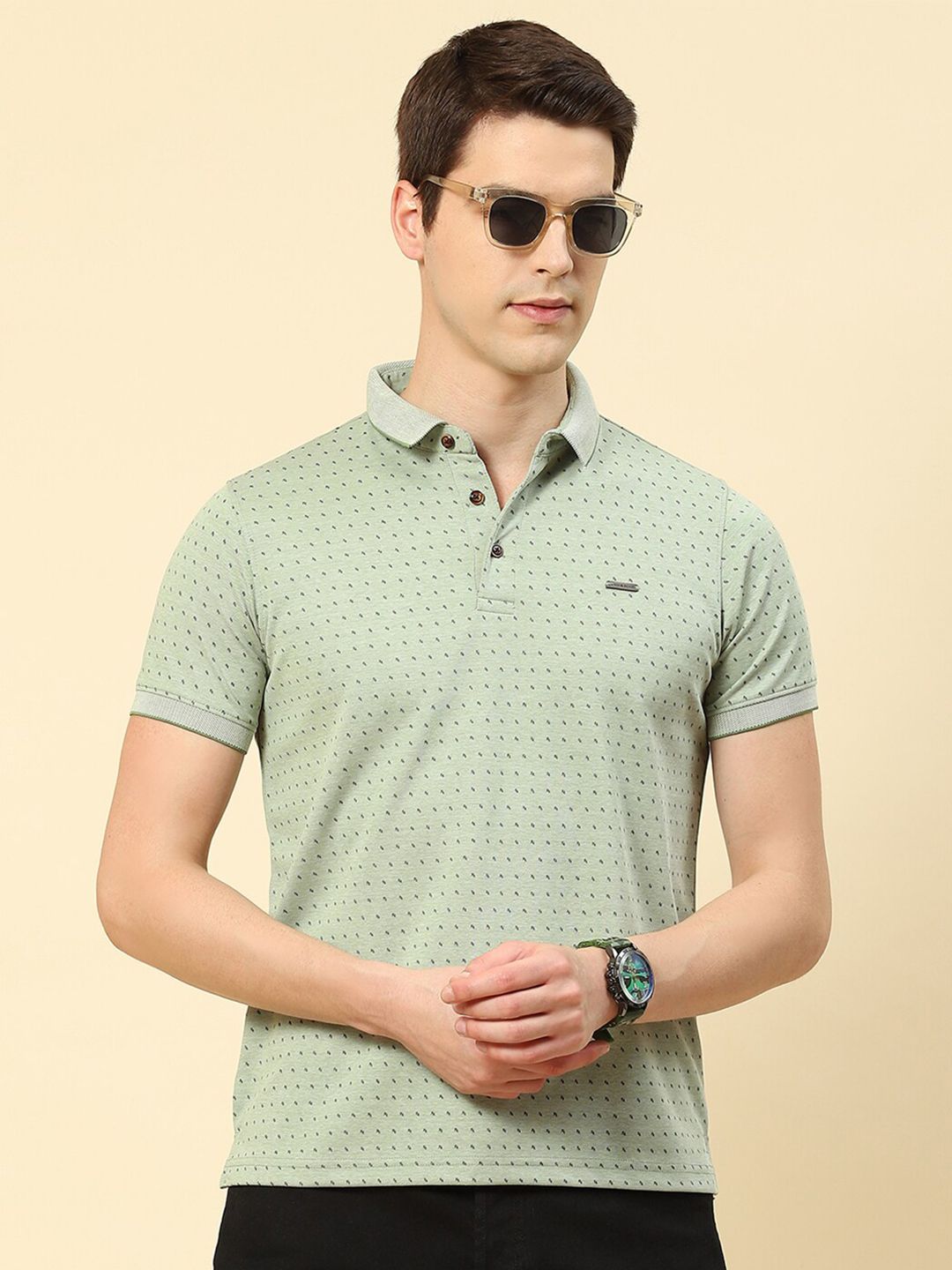 Cloak & Decker by Monte Carlo Micro Ditsy Printed Polo Collar Cotton T-shirt
