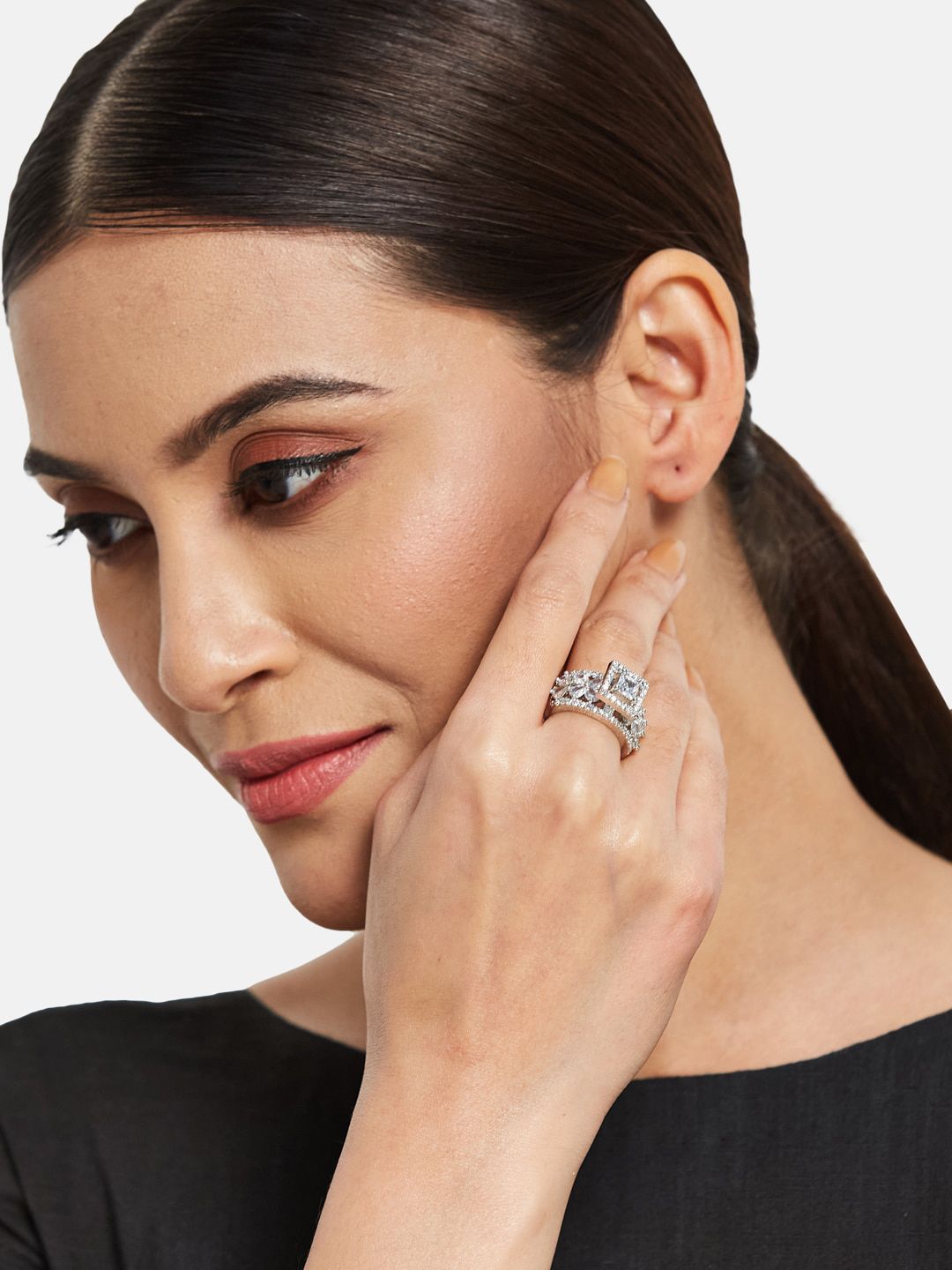 ATIBELLE Silver-Plated AD-Studded Finger Ring