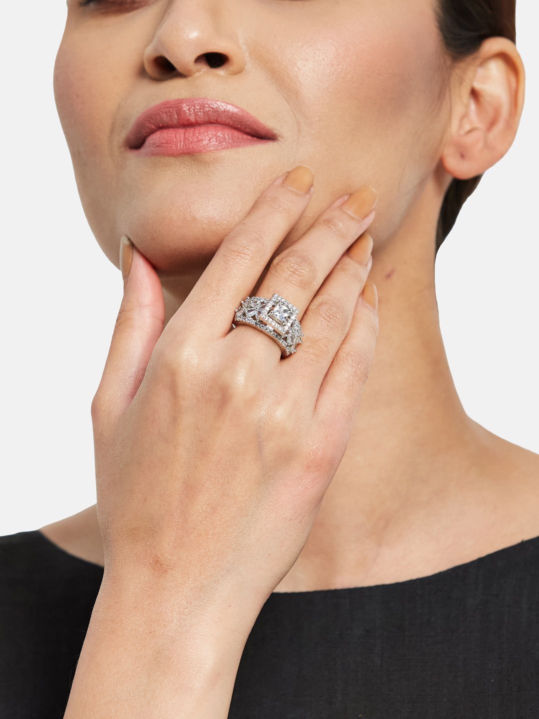 ATIBELLE Silver-Plated AD-Studded Finger Ring