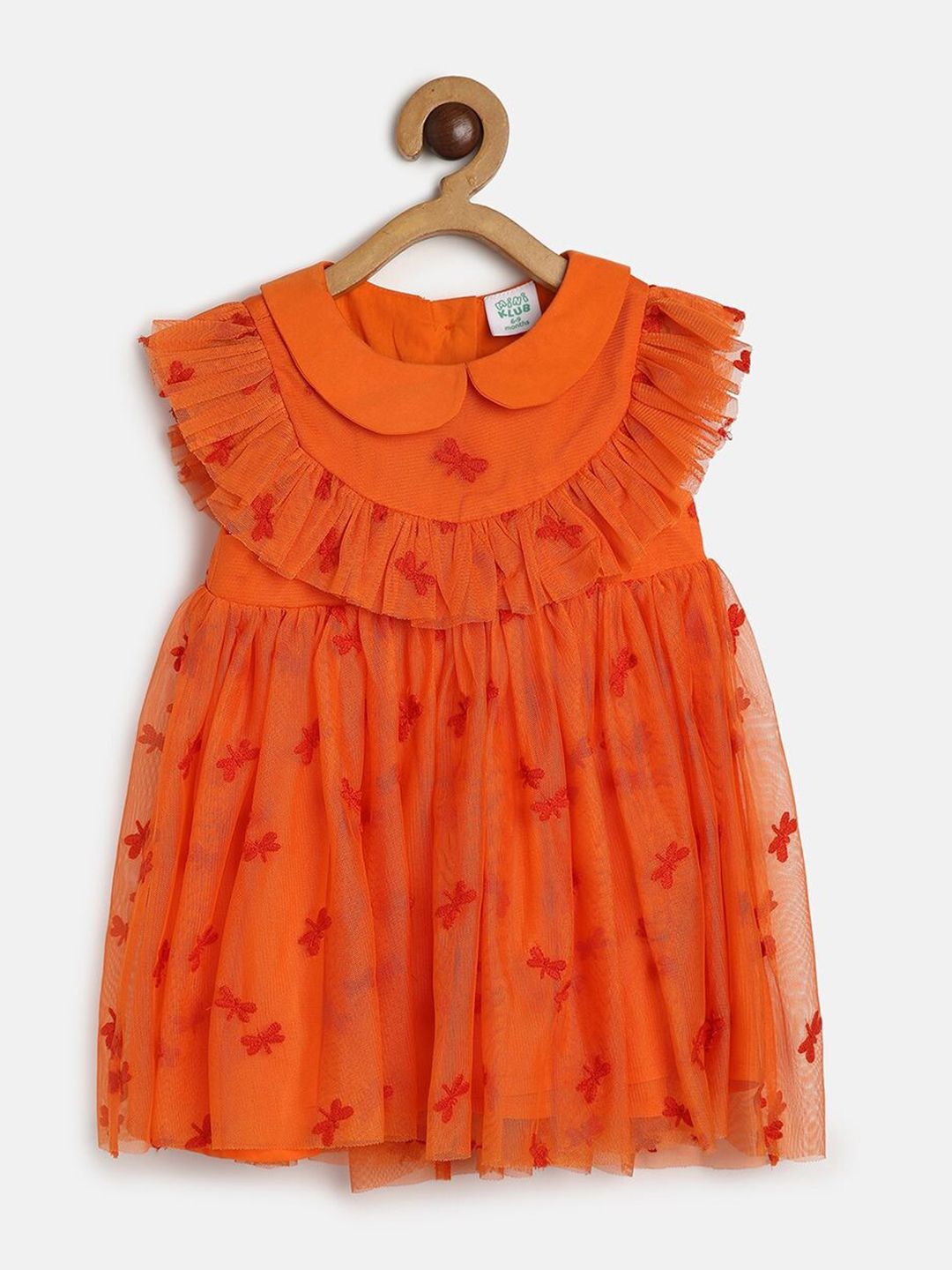 MINI KLUB Girls Conversational Embroidered Peter Pan Collar Flutter Sleeve A-Line Dress-picture-29