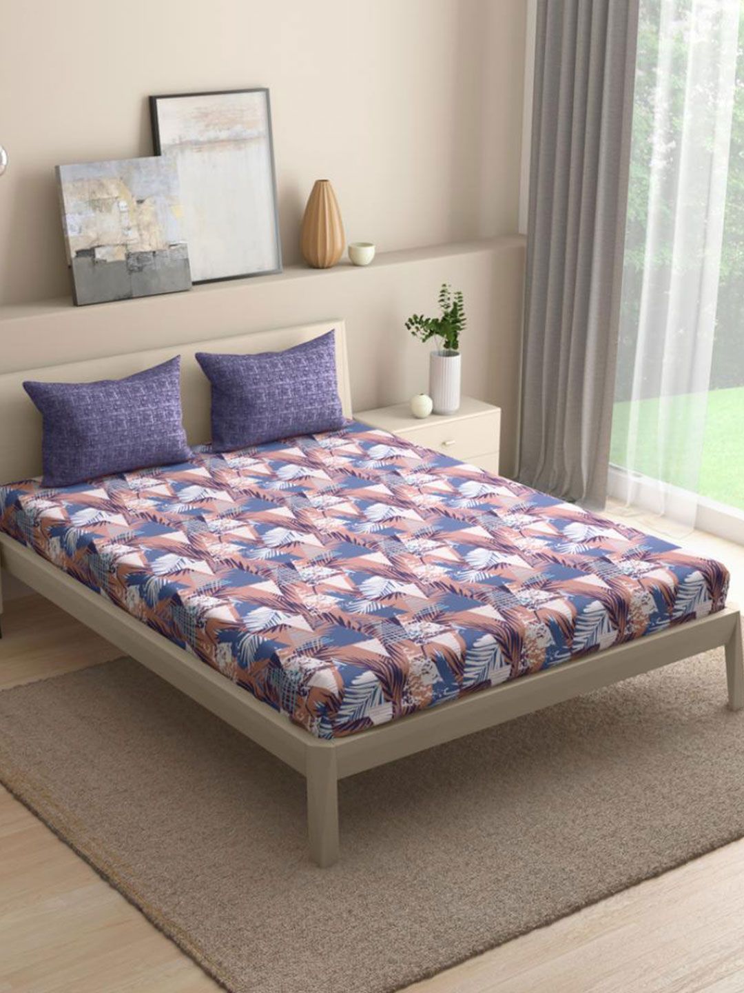 wakefit Mambo Blue & White Printed 144 TC Fitted Cotton King Bedsheet & 2 Pillow Covers-picture-13