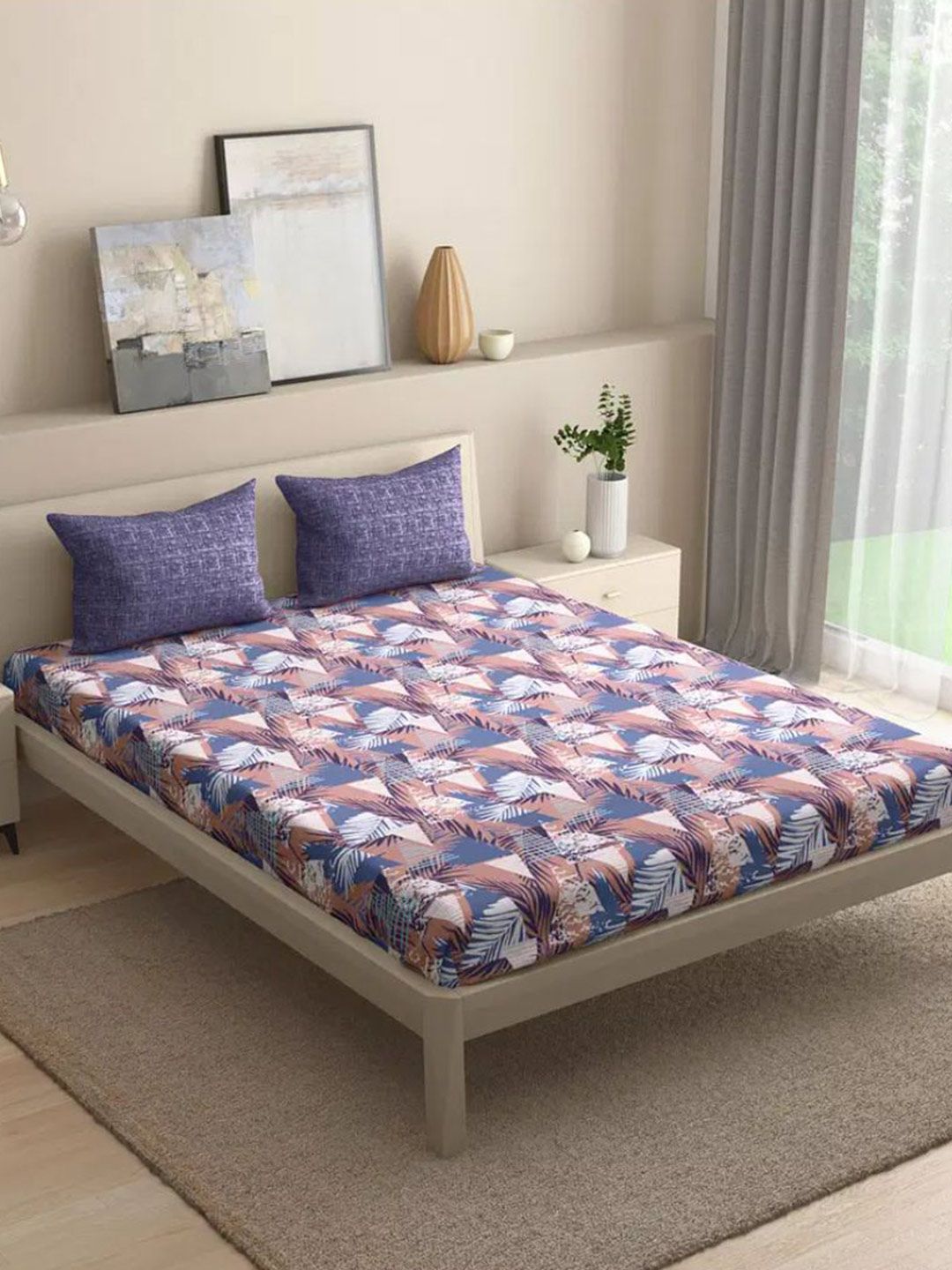 wakefit Mambo Blue & White Printed 144 TC Fitted Cotton Queen Bedsheet & 2 Pillow Covers-picture-14