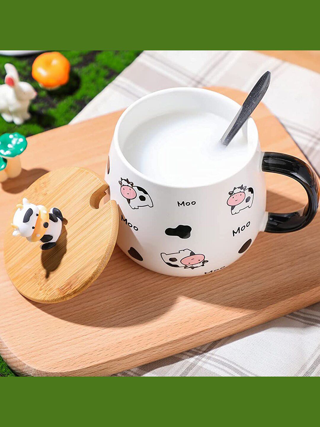 BonZeaL White Hand Printed Ceramic Glossy Coffee Mug With Lid & Spoon 480 ml-picture-8