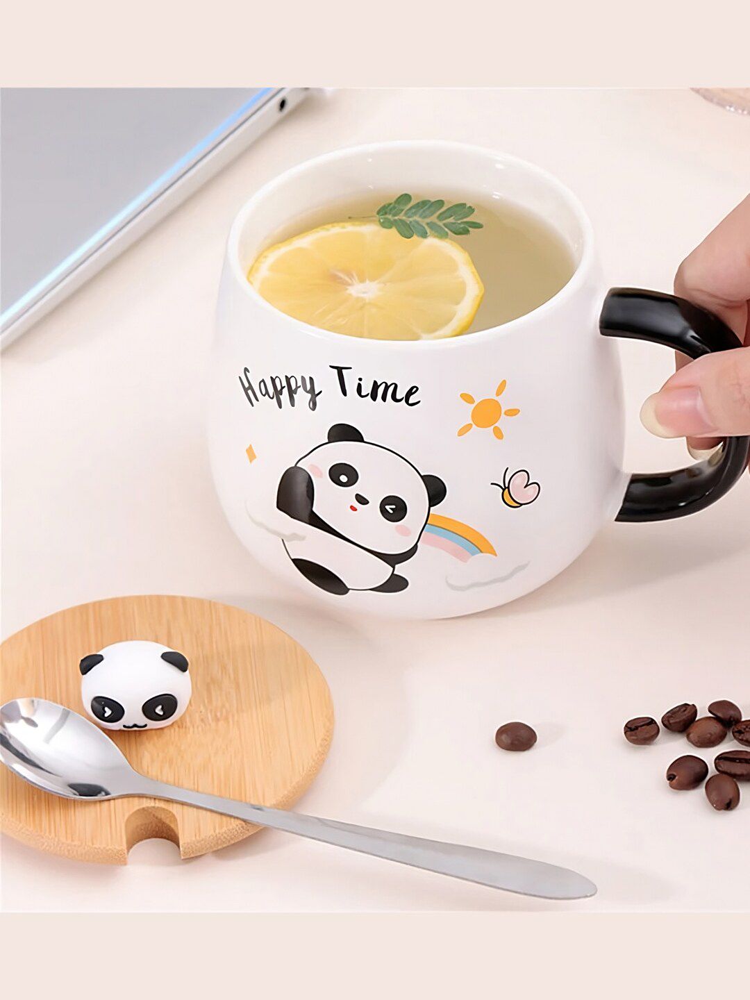 BonZeaL White Printed Ceramic Glossy Mug With Lid And Spoon 430 ml-picture-45
