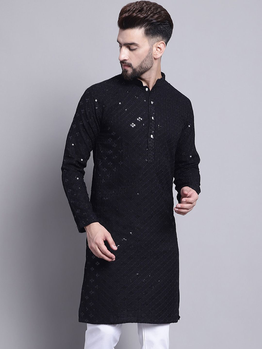 SOJANYA Embellished Mandarin Collar Sequinned Pure Cotton Kurta-picture-30