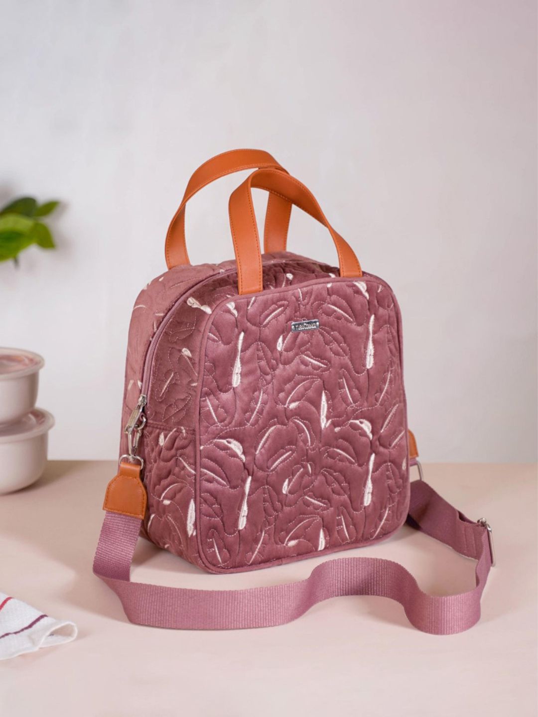 Nestasia Grey & Pink Solid Luxe Velvet Lunch Bag