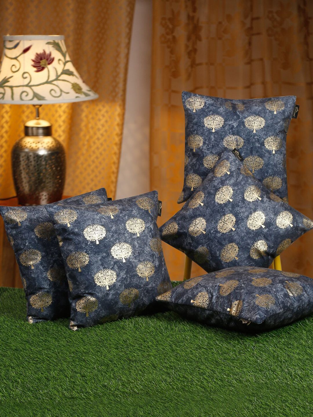 HOSTA HOMES Blue & Gold-Toned 5 Pieces Floral Velvet Square Cushion Covers-picture-35