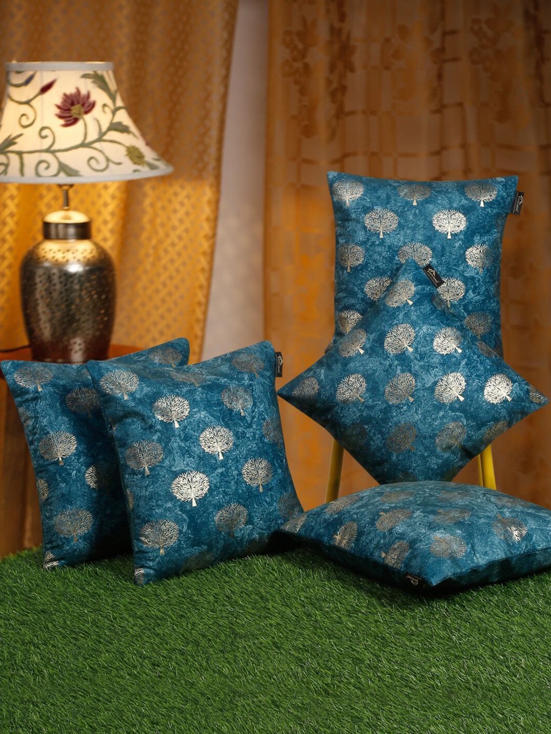 HOSTA HOMES Blue & Gold-Toned 5 Pieces Ethnic Motifs Velvet Square Cushion Covers-picture-43
