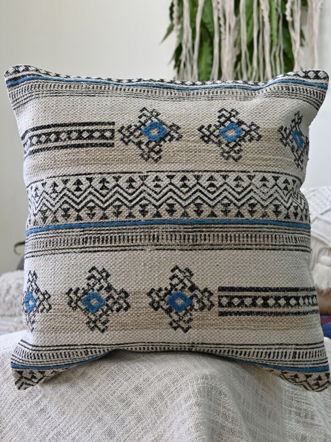 Art Avenue Rubus Grey & Blue Ethnic Motifs Printed Cotton Square Cushion Cover-picture-13