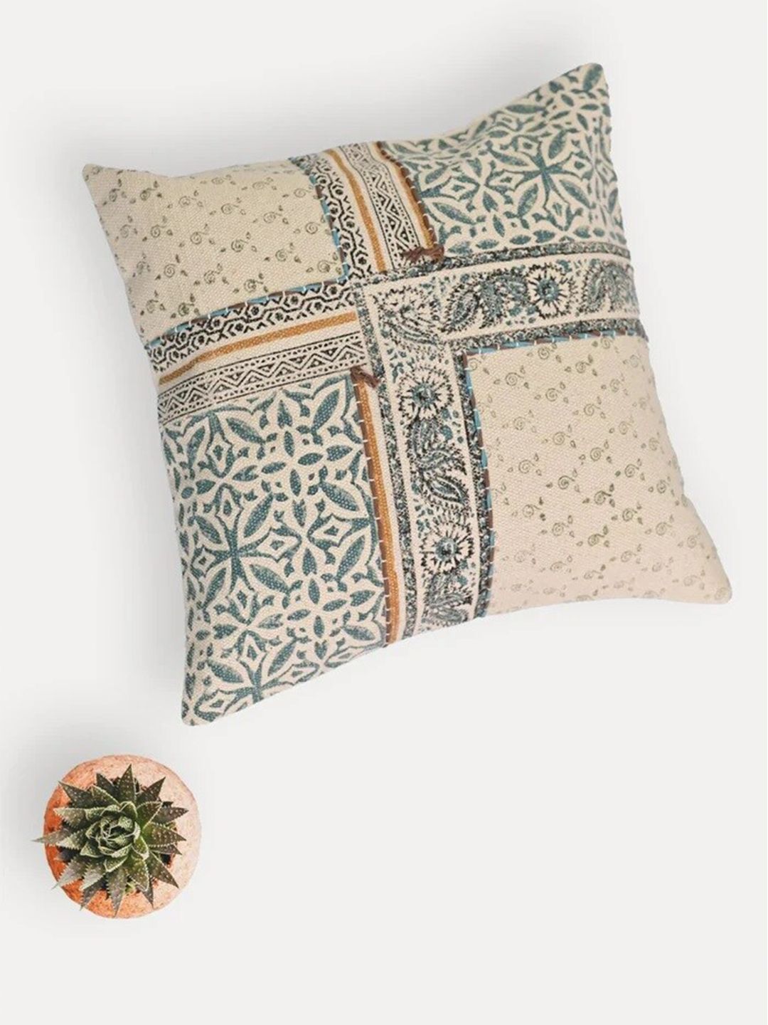 Art Avenue Leafy Beige & Green Ethnic Motifs Printed Cotton Square Cushion Cover-picture-37