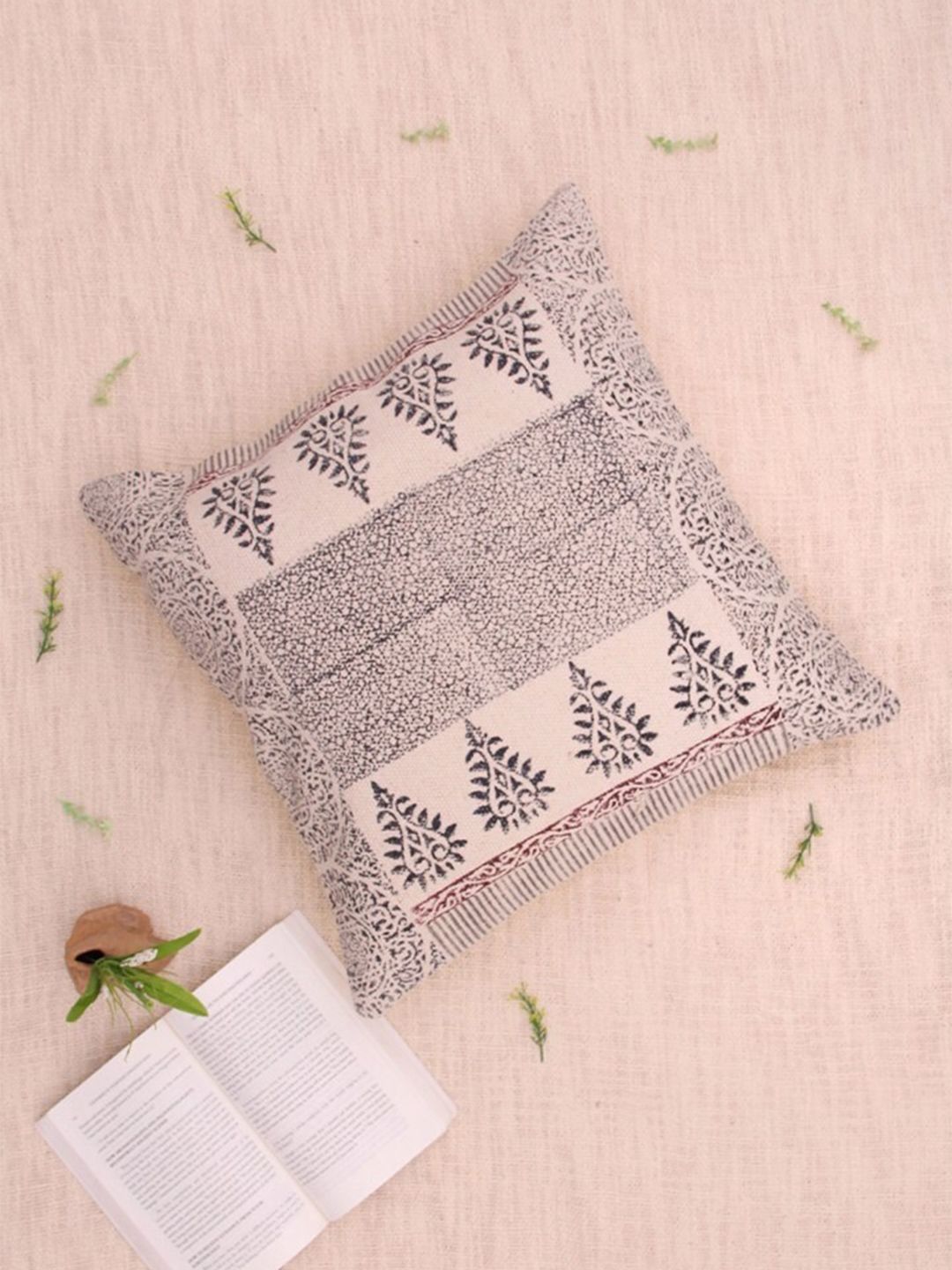 Art Avenue Stream Black & Peach-Coloured Ethnic Motifs Printed Cotton Square Cushion Cover-picture-23