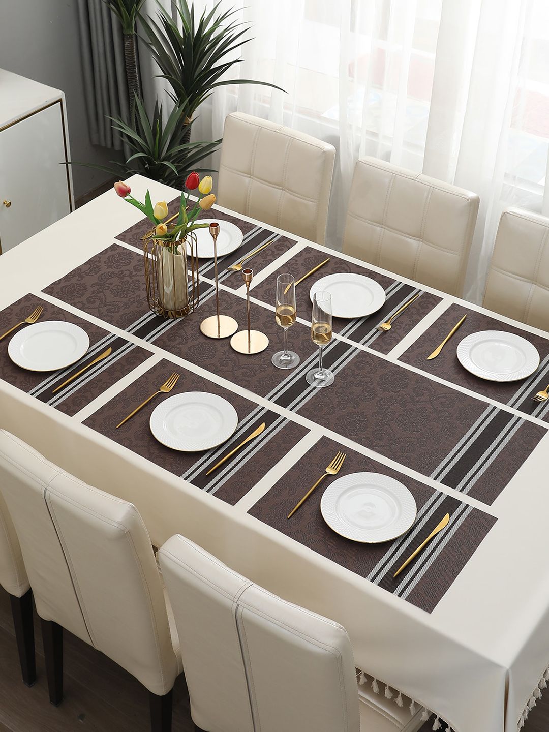 HOKIPO Brown 7-Pieces Ethnic Motifs Rectangular Table Placemats & Table Runner-picture-10