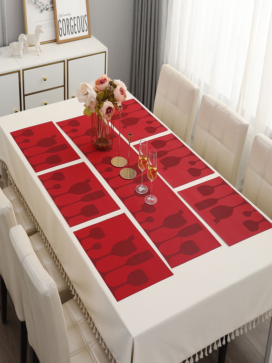HOKIPO Set Of 7 Printed Rectangular Table Placemats & Table Runner-picture-24