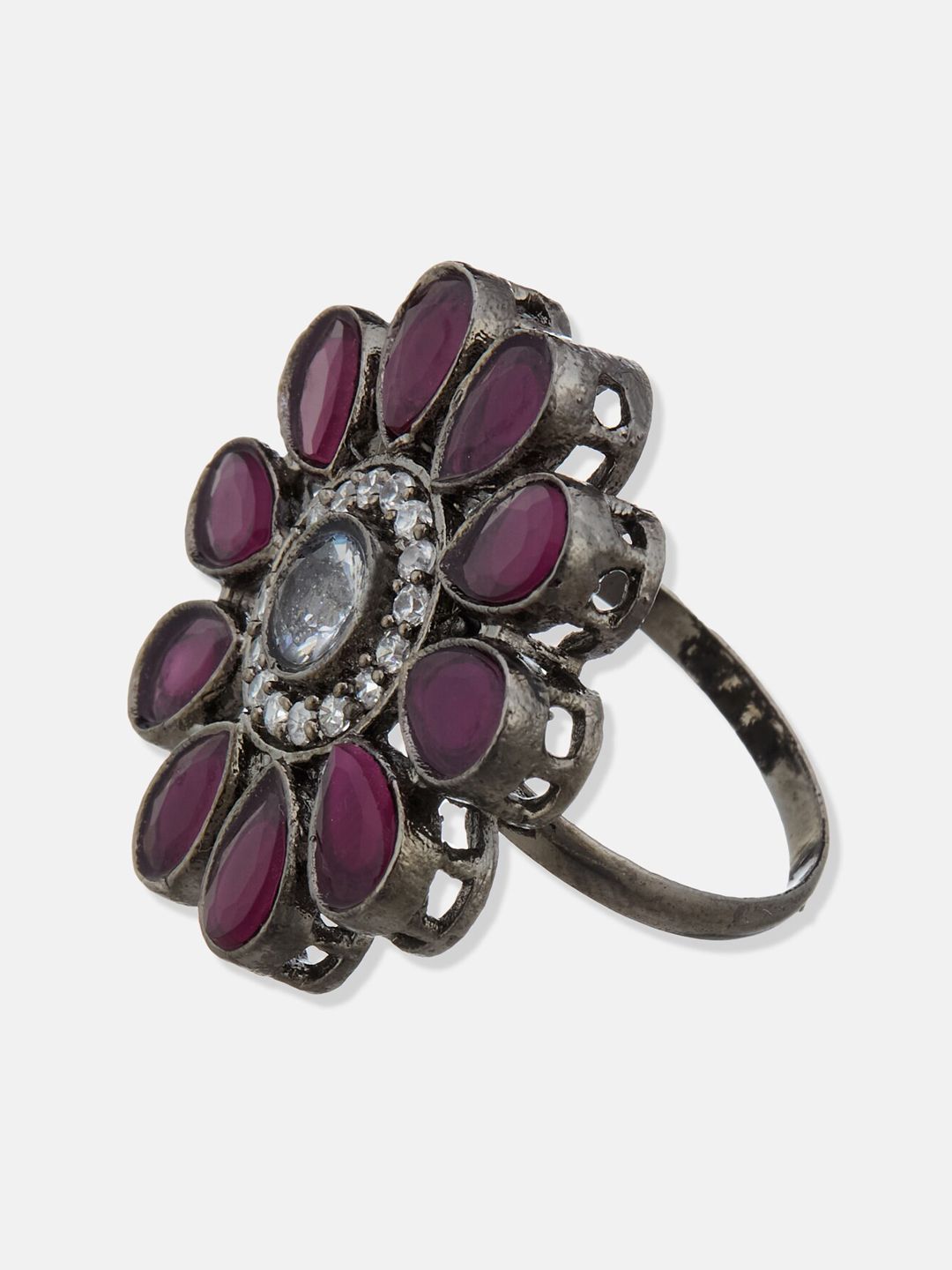 ATIBELLE Set of 2 Silver-Plated & Floral Stone-Studded Adjustable Rings