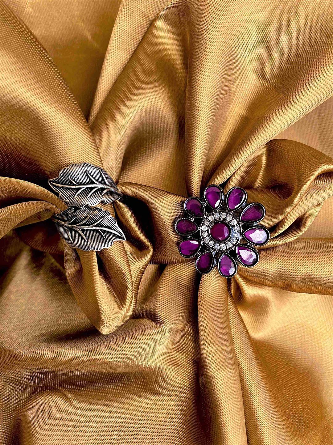 ATIBELLE Set of 2 Silver-Plated & Floral Stone-Studded Adjustable Rings