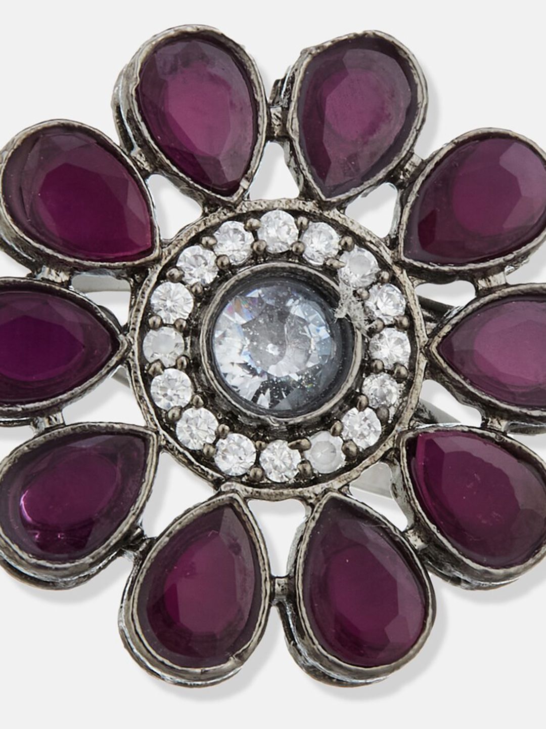 ATIBELLE Set of 2 Silver-Plated & Floral Stone-Studded Adjustable Rings