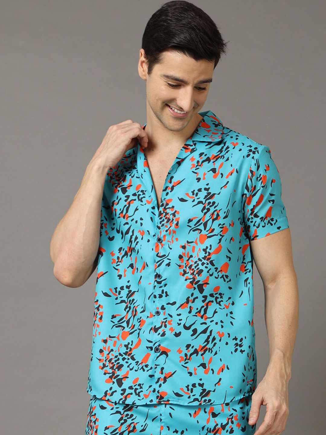 Bushirt Abstract Printed Lapel Collar Shirt & Shorts Night Suit-picture-17