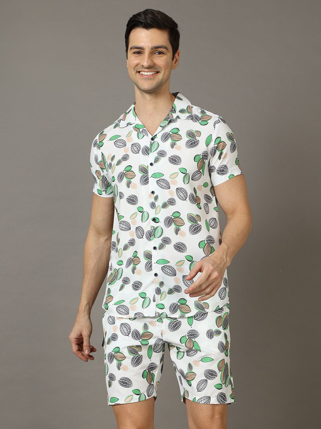 Bushirt Floral Printed Lapel Collar Shirt & Shorts Night Suit-picture-21