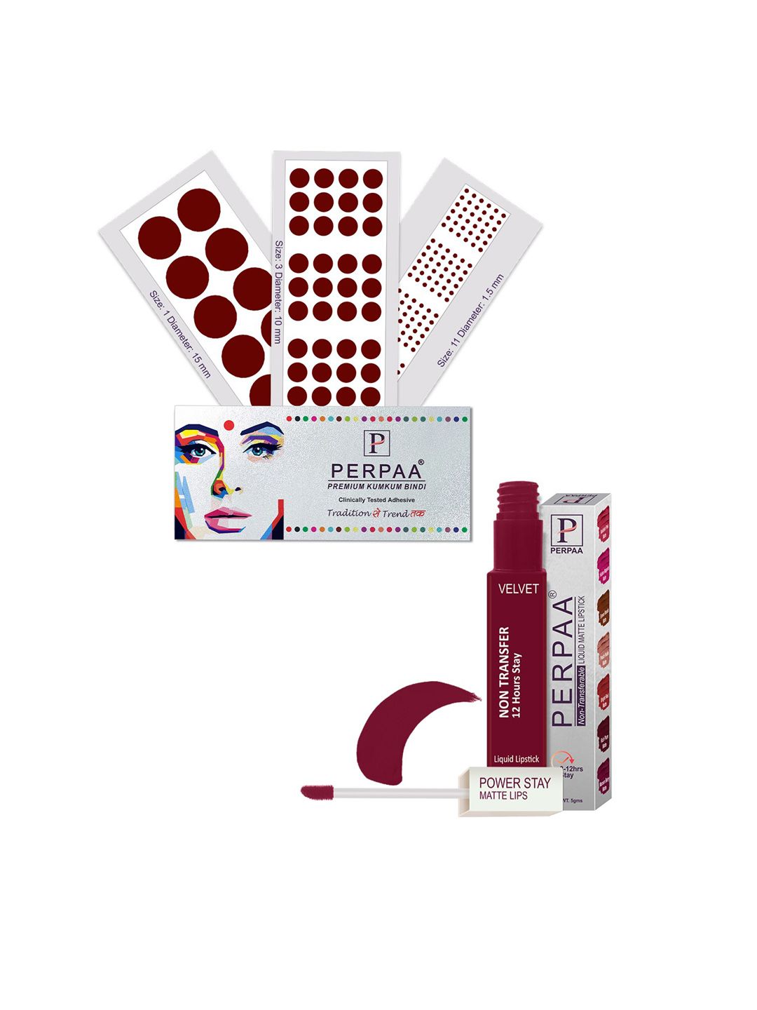 PERPAA Set Of 4 Dark Maroon Bindi Flaps & Power Stay Non Transfer Lipstick-5ml-Maroon-picture-28