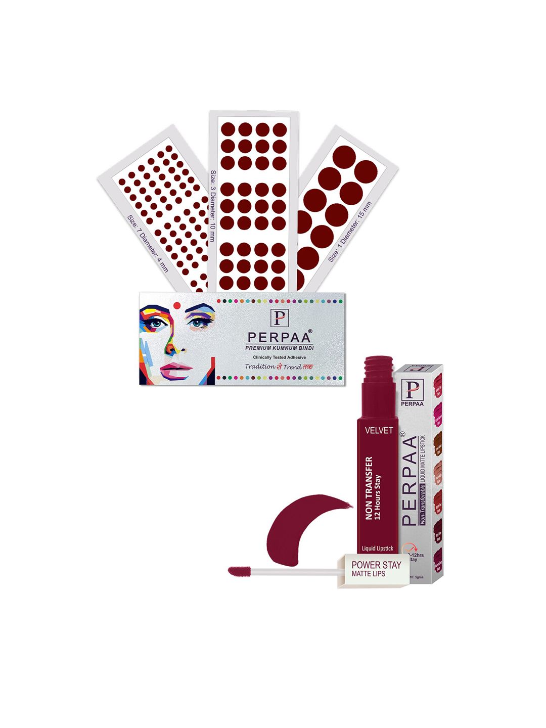 PERPAA Set Of 4 Dark Maroon Bindi Flaps & Power Stay Non Transfer Lipstick - Maroon-picture-46