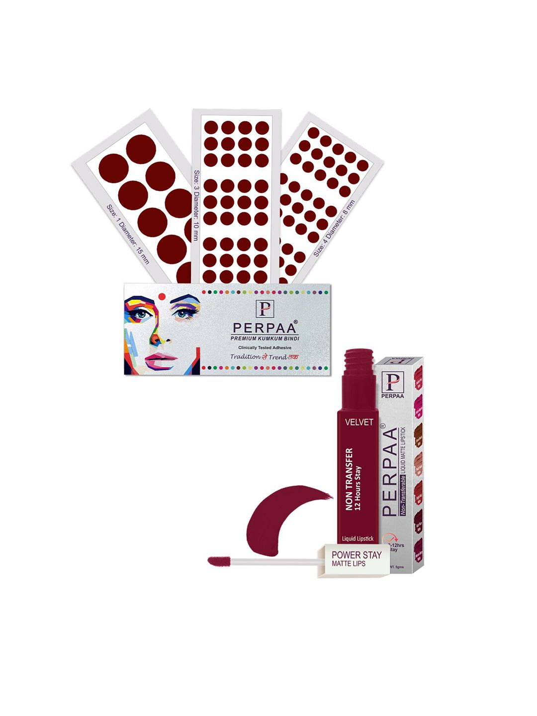PERPAA Set Of 4 Dark Maroon Bindi Flaps & Power Stay Non Transfer Lipstick - Maroon-image-33