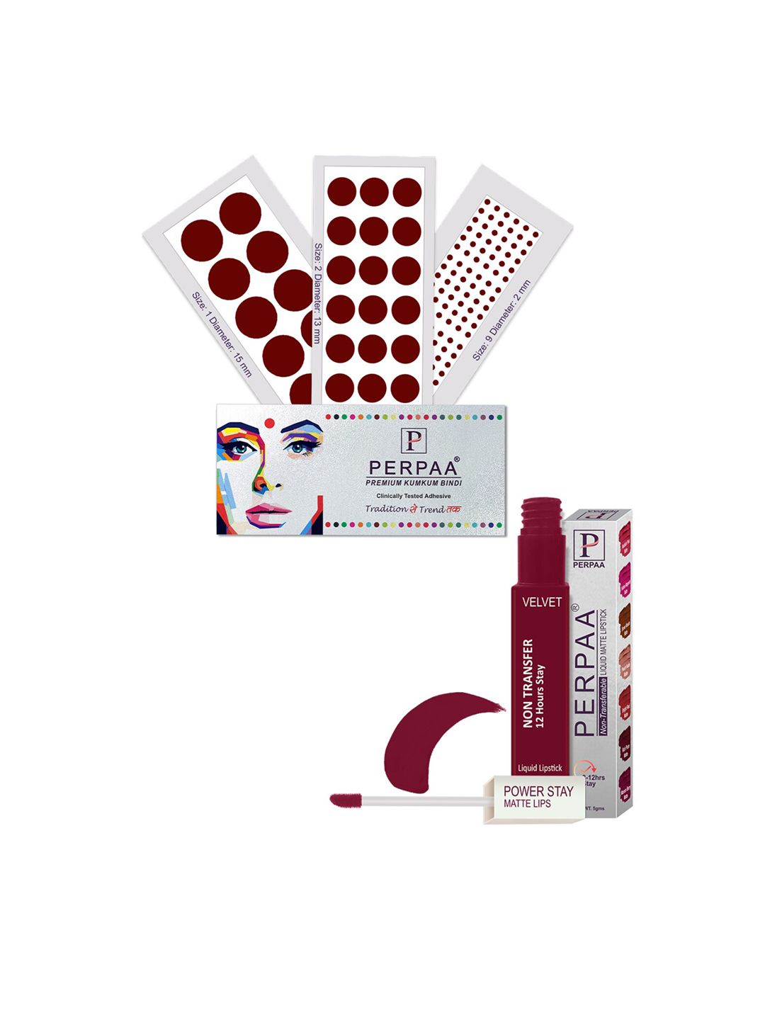 PERPAA Set Of 4 Dark Maroon Bindi Flaps & Power Stay Non Transfer Lipstick-5ml-Maroon-image-31