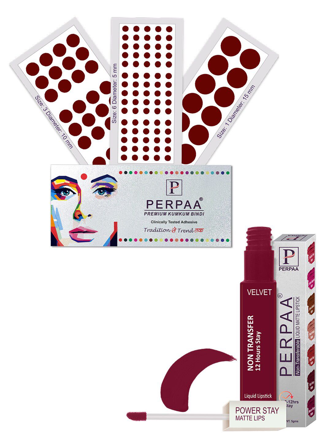 PERPAA Set Of 4 Dark Maroon Bindi Flaps & Power Stay Non Transfer Lipstick-5ml-Maroon-image-30