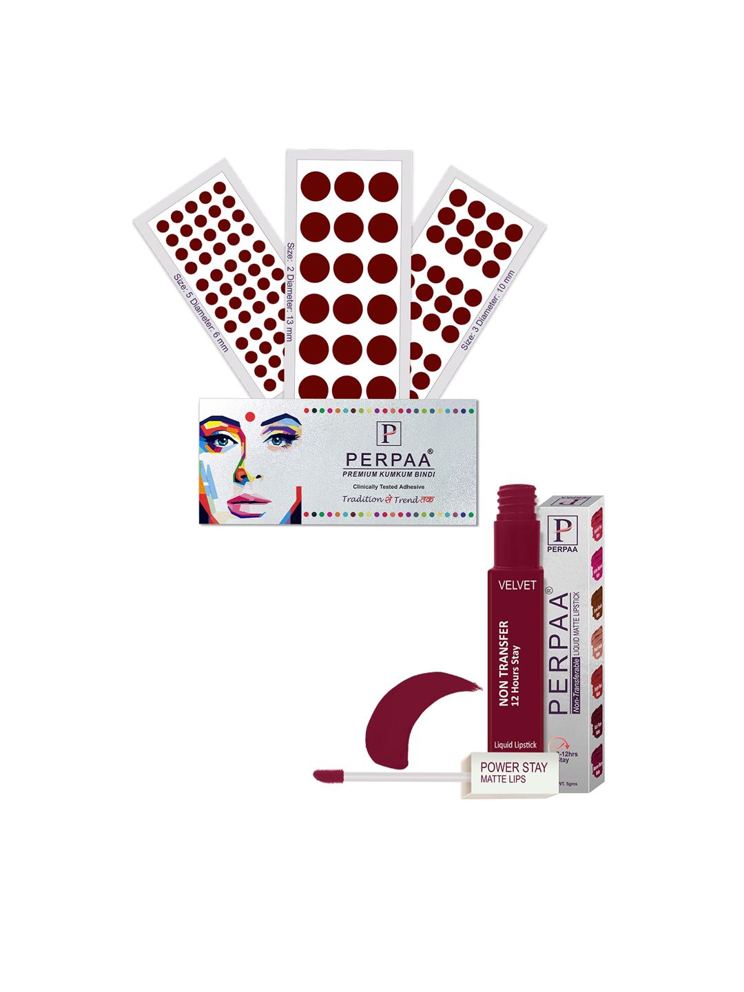 PERPAA Set Of 4 Dark Maroon Bindi Flaps & Power Stay Non Transfer Lipstick - Maroon-image-29