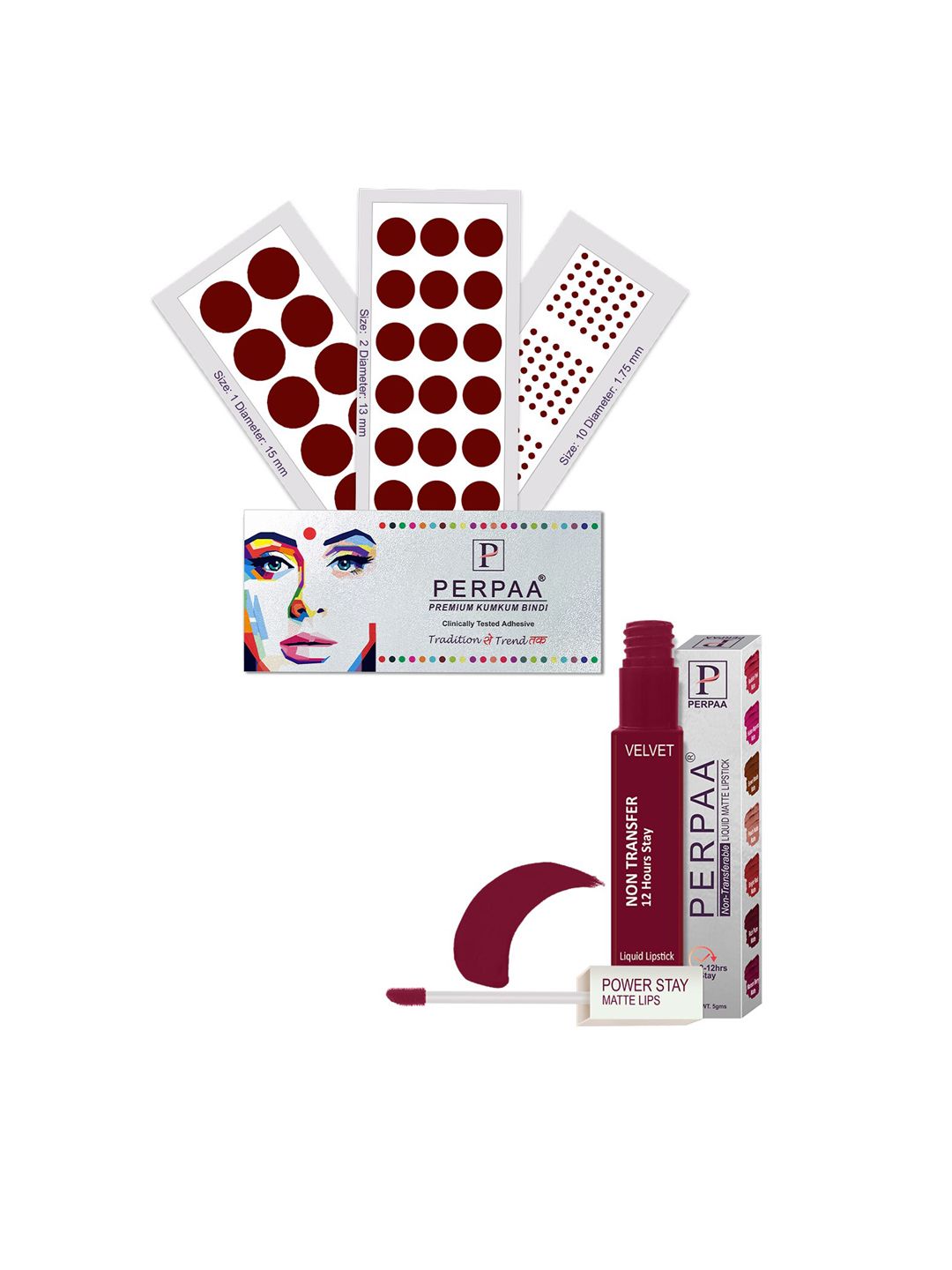 PERPAA Set Of 4 Dark Maroon Bindi Flaps & Power Stay Non Transfer Lipstick-5ml-Maroon-image-28