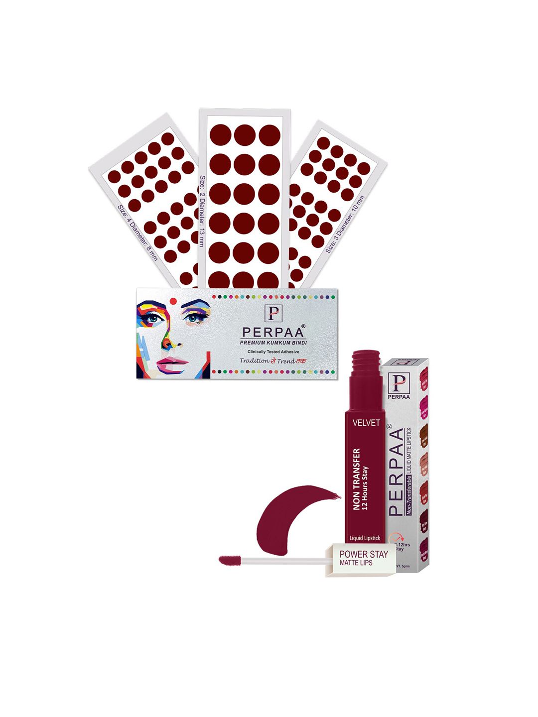 PERPAA Set Of 4 Dark Maroon Bindi Flaps & Power Stay Non Transfer Lipstick - Maroon-image-27