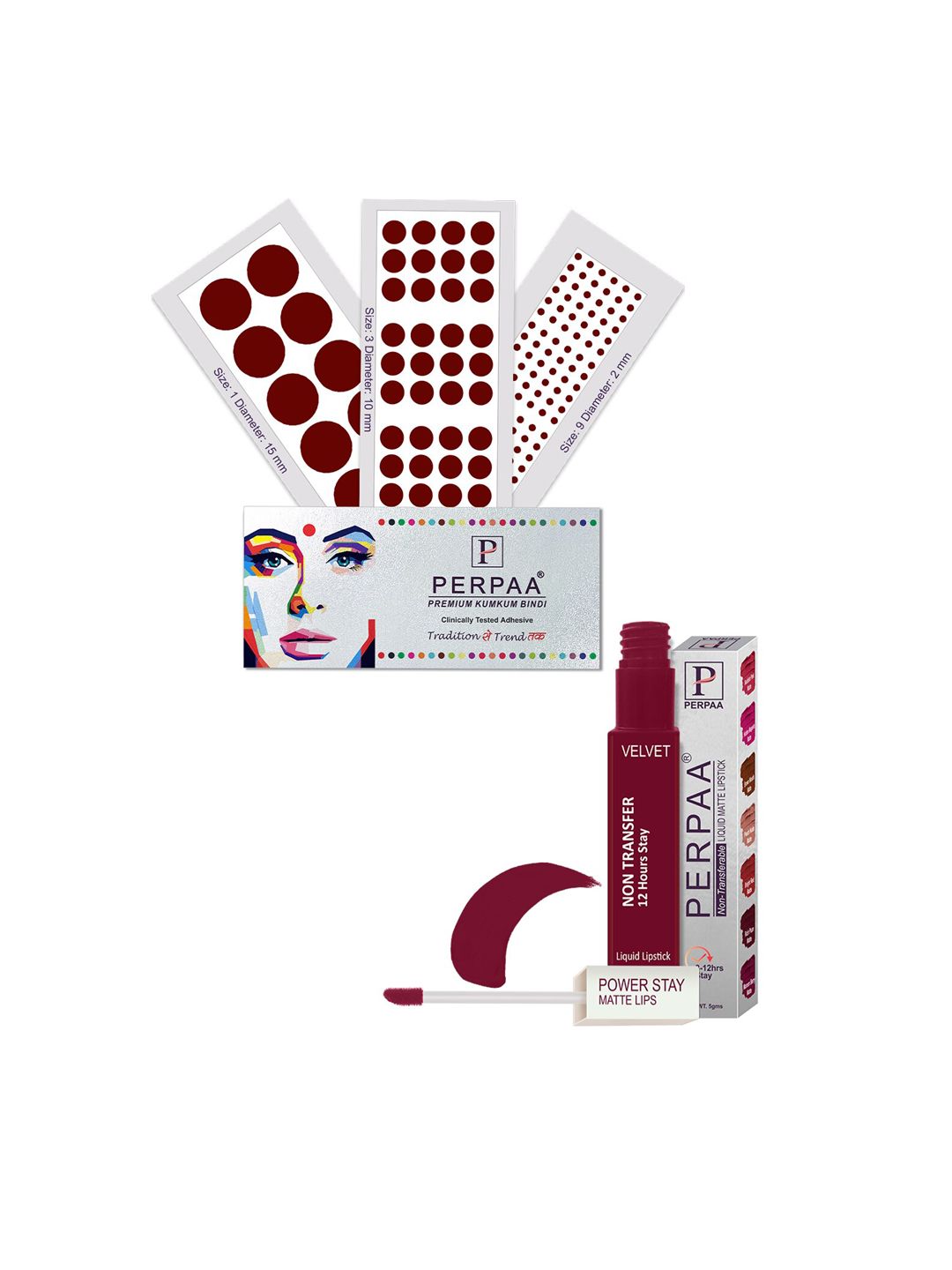PERPAA Set Of 4 Dark Maroon Bindi Flaps & Power Stay Non Transfer Lipstick-5ml-Maroon-image-26