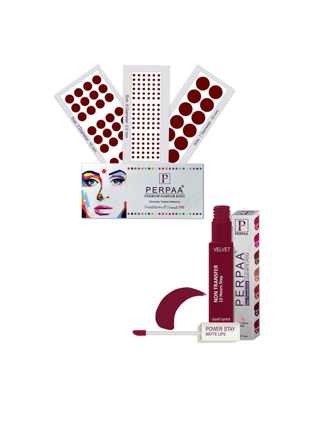 PERPAA Set Of 4 Dark Maroon Bindi Flaps & Power Stay Non Transfer Lipstick-5ml-Maroon-image-25