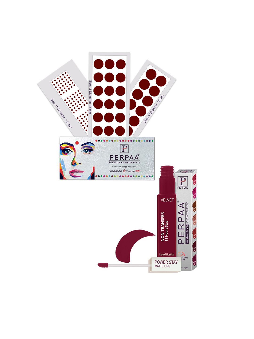 PERPAA Set Of 4 Dark Maroon Bindi Flaps & Power Stay Non Transfer Lipstick-5ml-Maroon-image-24