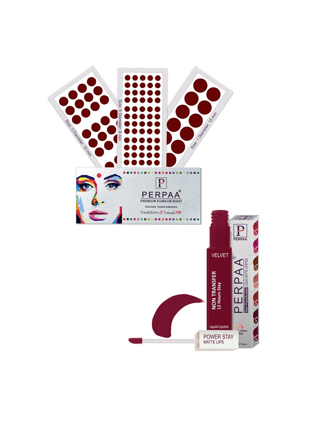 PERPAA Set Of 4 Dark Maroon Bindi Flaps & Power Stay Non Transfer Lipstick-5ml-Maroon-image-23