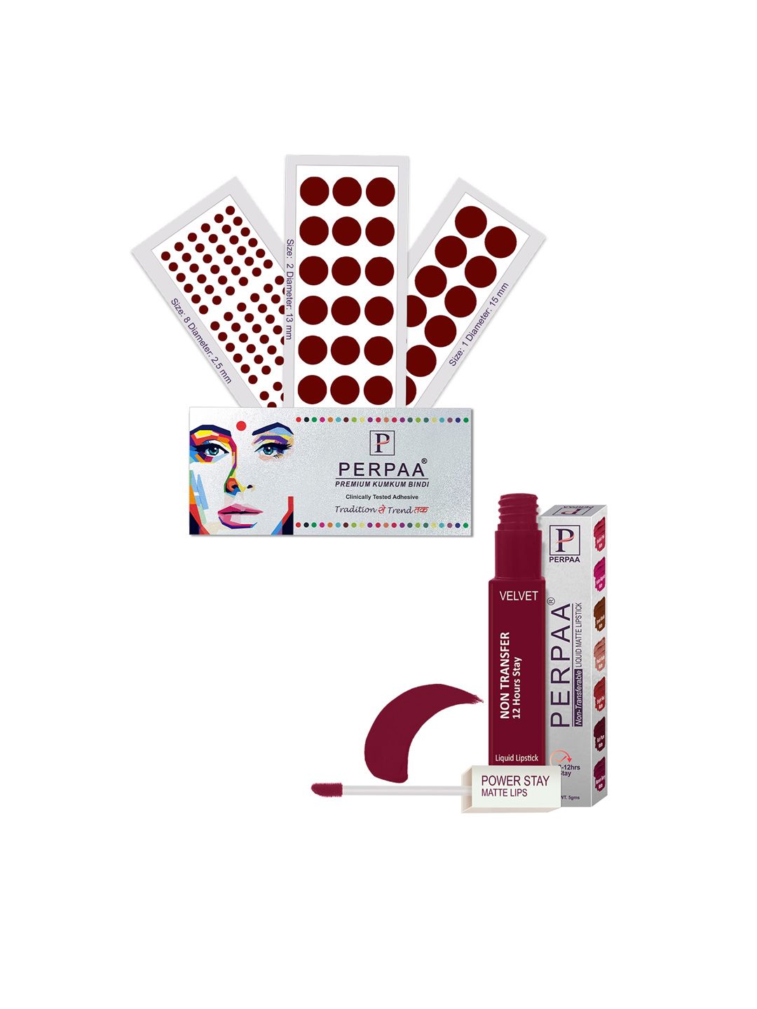 PERPAA Set Of 4 Dark Maroon Bindi Flaps & Power Stay Non Transfer Lipstick - Maroon-image-22